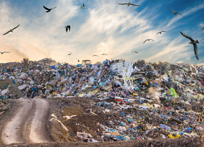 Picture of bulldozer working on landfill site with birds in the sky